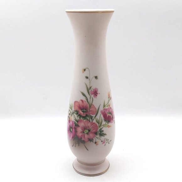 Porcelain Hibiscus Floral Bud Vase COR Crown 1988 Japan Matte Finish Gold Trim - Picture 1 of 7